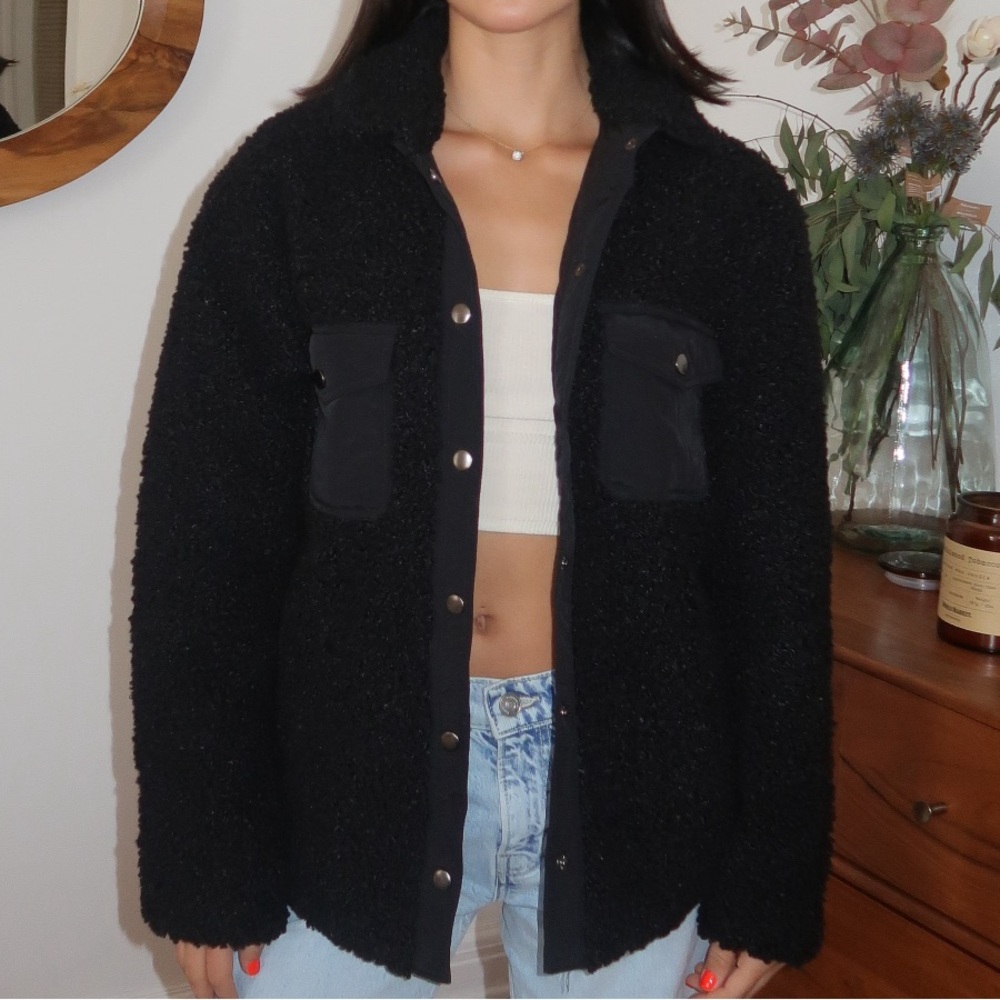 Onia Black Teddy Jacket Oversized Plush Hip-Length
